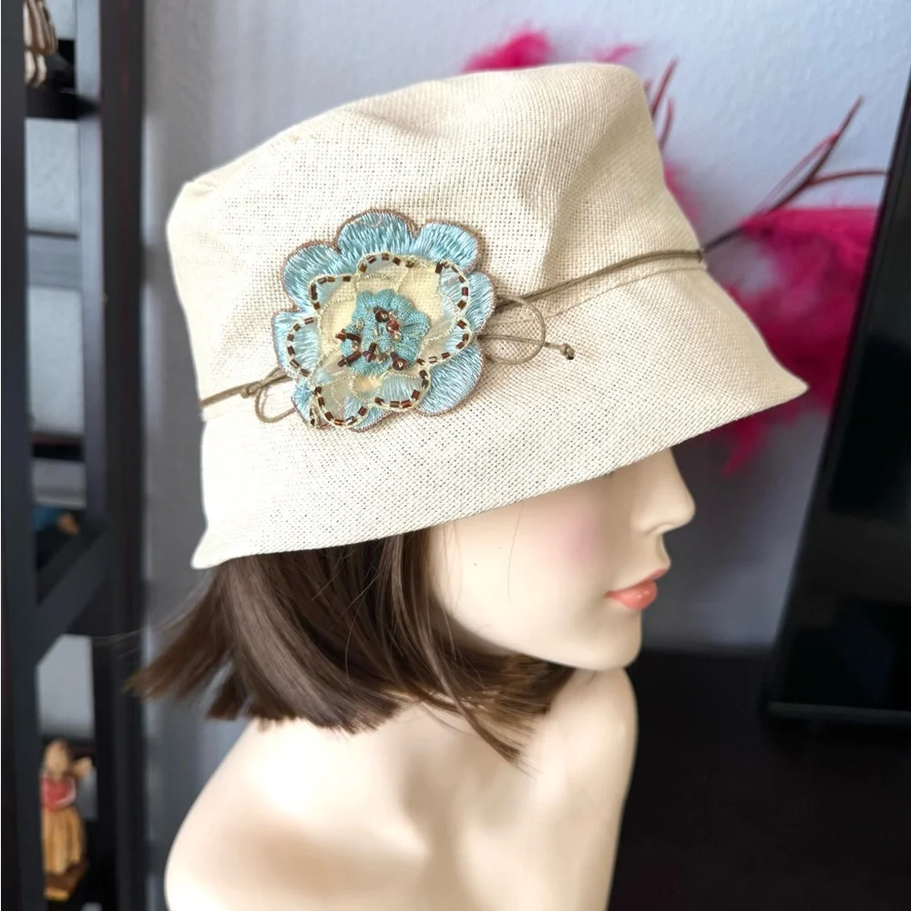 Coldwater Creek Bucket Hat with Blue Floral Accent